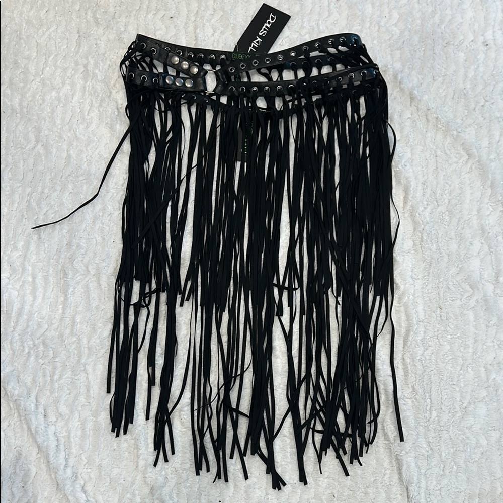 Dolls Kill Nomad Black Fringe Skirt Belt women’s size large XL new faux leather